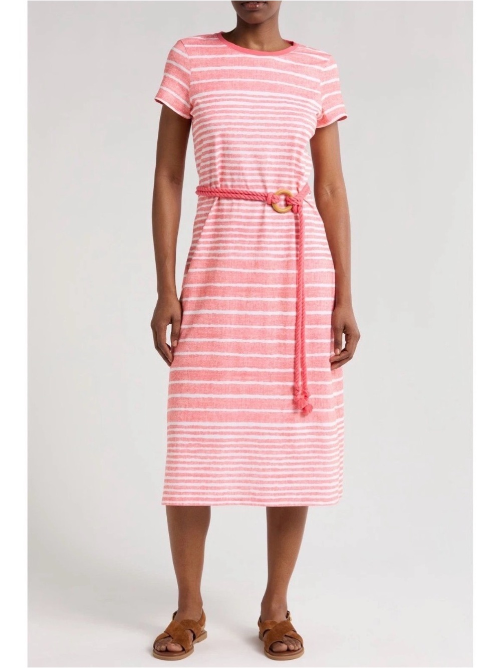 Tommy Bahama Pink and White Striped Midi Dress with Rope Belt NEW without tags